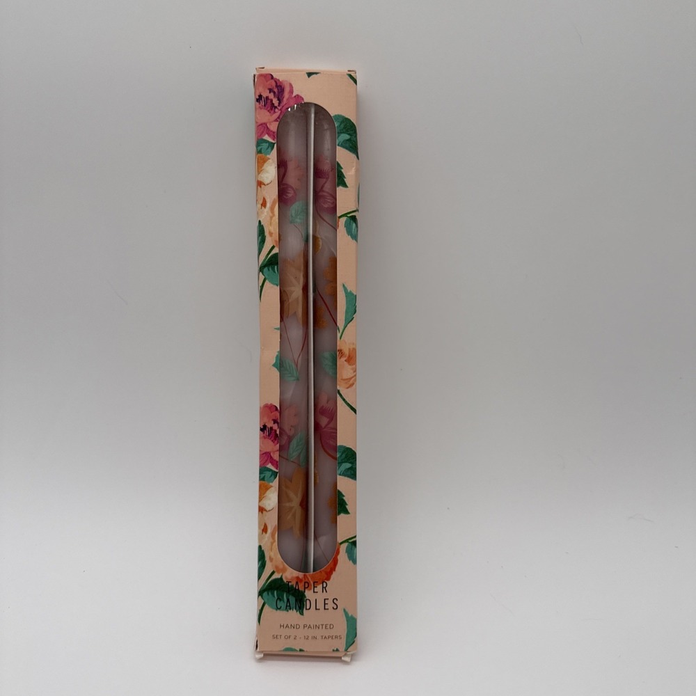 Anthropologie Jude Hand Painted Taper Candles Set of 2 Floral 12" Spring Summer